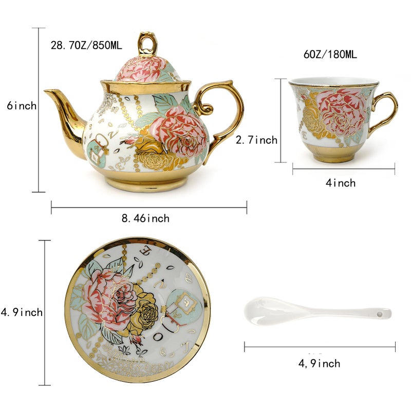 CHANJOON Gold Plated Red Rose Ceramic Tea Set, Vintage Teapot, Beautiful Tea Set Coffee Serving 6 People (Golden, large) - Image 2