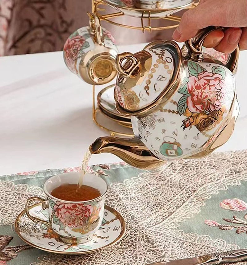 CHANJOON Gold Plated Red Rose Ceramic Tea Set, Vintage Teapot, Beautiful Tea Set Coffee Serving 6 People (Golden, large) - Image 5