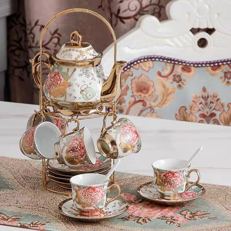 CHANJOON Gold Plated Red Rose Ceramic Tea Set, Vintage Teapot, Beautiful Tea Set Coffee Serving 6 People (Golden, large) - Image 3