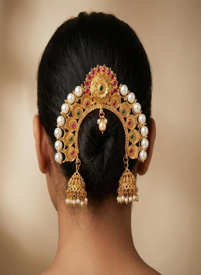 AAIKU Traditional Ethnic Gold Plated Juda Pins With Pearl Jhumki Drops | Bridal Mukut Hair Accessories | Standard Size for Women Girls (Khopa-Design3) - Image 2