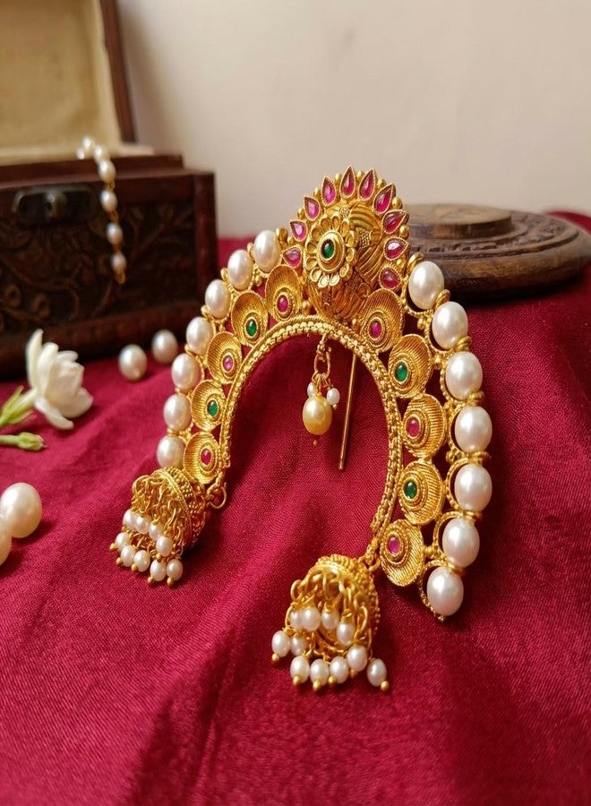 AAIKU Traditional Ethnic Gold Plated Juda Pins With Pearl Jhumki Drops | Bridal Mukut Hair Accessories | Standard Size for Women Girls (Khopa-Design3) - Image 5