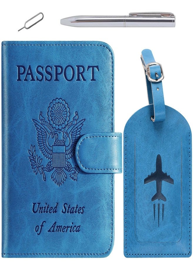 PASCACOO Passport Holder Cover Wallet RFID Blocking Leather Card Case Travel Accessories for Women Men, 114#Blue, With Luggage Tag - Image 1