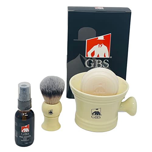 GBS Shaving Set for Gentlemen Premium Mens Grooming Men Wet Shaving Set Ceramic Ivory Shaving Soap Bowl with Shaving Brush Stand and Natural Soap