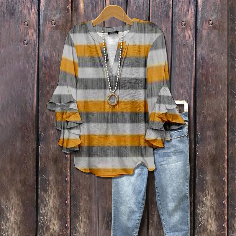 جديد الإبداعي عنصر الزهور طباعة الطباعة الرقمية العادية عصرية V-Neck رافلد حافة تي شيرت للنساء - Image 4