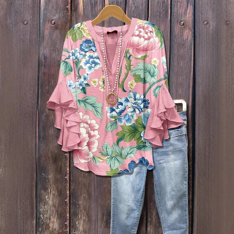 جديد الإبداعي عنصر الزهور طباعة الطباعة الرقمية العادية عصرية V-Neck رافلد حافة تي شيرت للنساء - Image 2