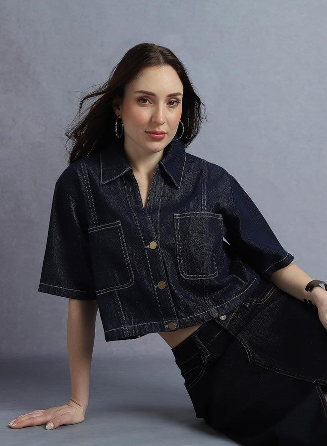 INKD Women's Denim Crop TOP|Dark Knight|Double Extra Large - Image 2