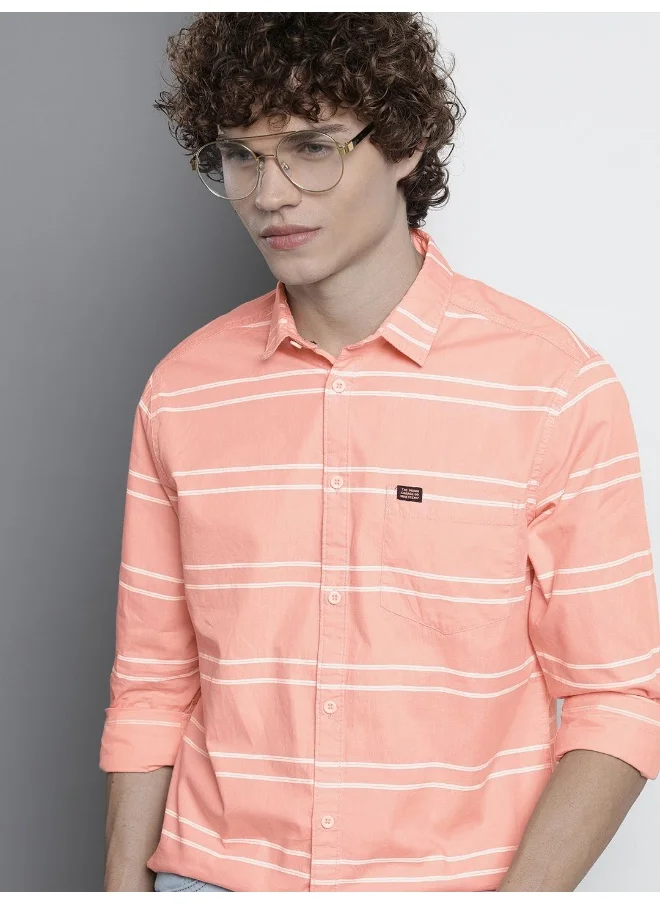 The Indian Garage Co Pink Slim Fit Casual Striped Spread Collar Full Sleeves Cotton Shirt