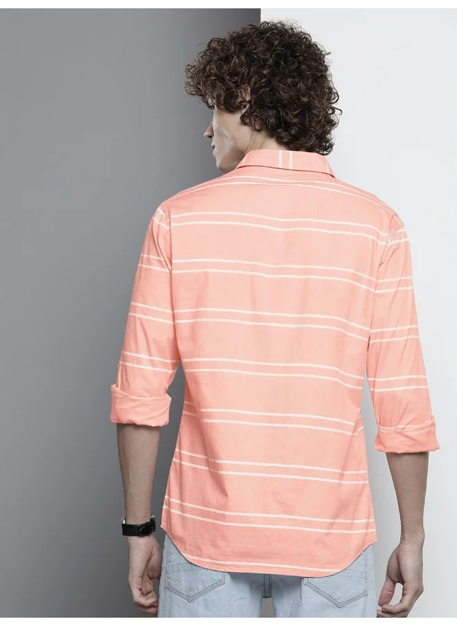 The Indian Garage Co Pink Slim Fit Casual Striped Spread Collar Full Sleeves Cotton Shirt