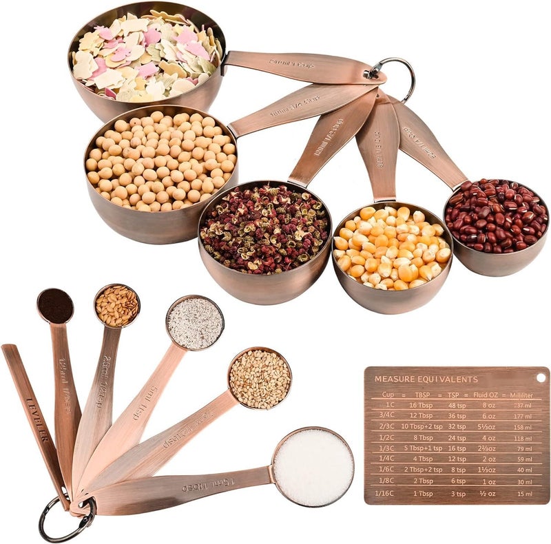 Smithcraft Measuring Cups and Spoons Set, 12 Pieces Stainless Steel Measuring Cup Set, Metal Copper Measuring Cups Spoons, Dry & Liquid Kitchen Measure Cup Spoon & Leveler & Measure Equivalents - Image 2