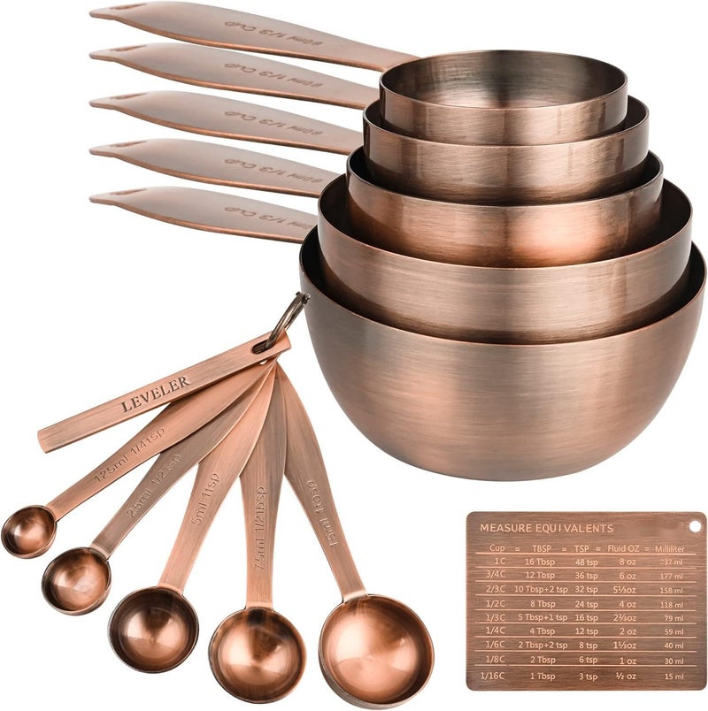 Smithcraft Measuring Cups and Spoons Set, 12 Pieces Stainless Steel Measuring Cup Set, Metal Copper Measuring Cups Spoons, Dry & Liquid Kitchen Measure Cup Spoon & Leveler & Measure Equivalents - Image 1