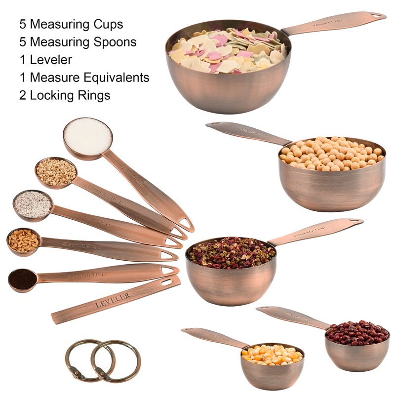 Smithcraft Measuring Cups and Spoons Set, 12 Pieces Stainless Steel Measuring Cup Set, Metal Copper Measuring Cups Spoons, Dry & Liquid Kitchen Measure Cup Spoon & Leveler & Measure Equivalents - Image 3