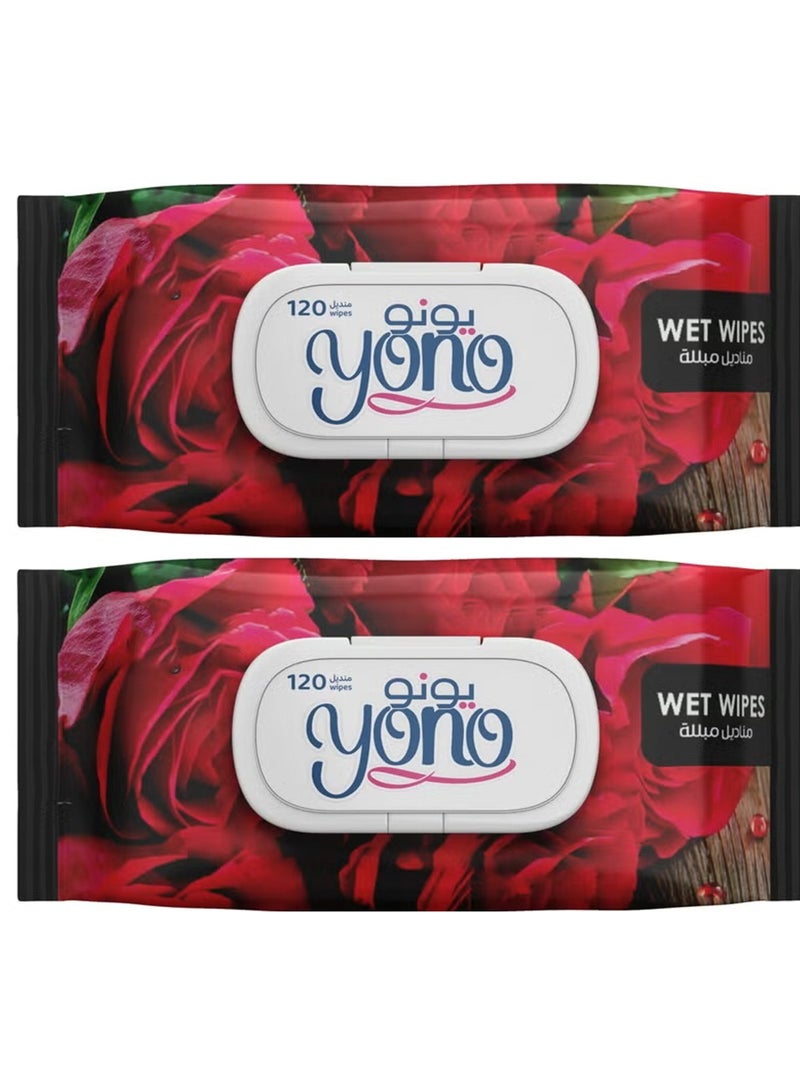 يونو مناديل مبللة برائحة الورد المميزة، 120 منديل (قطعتان)