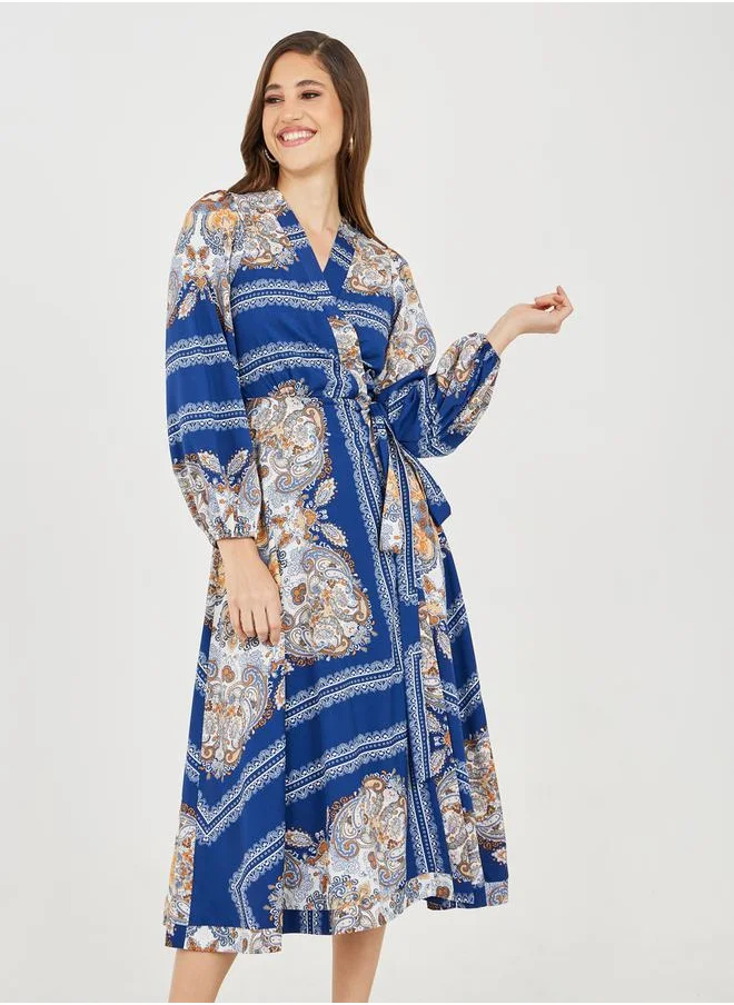 Styli Scarf Print Wrap Midi Dress