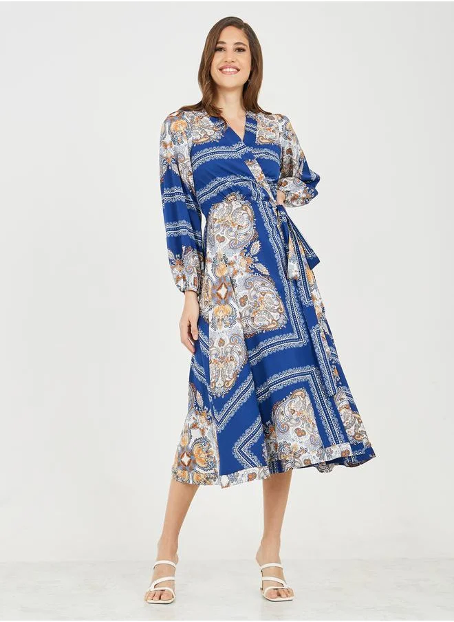 Styli Scarf Print Wrap Midi Dress