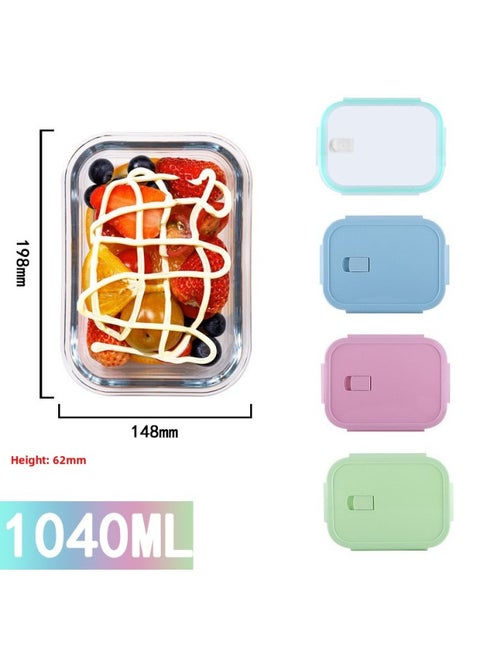 Rectangular Glass Preservation Bowl Microwave Heating Lunch Box Transparent Glass Lunch Box Round Lunch Box Glass-Specifications:Large Length 1040ML-Color:fresh Blue