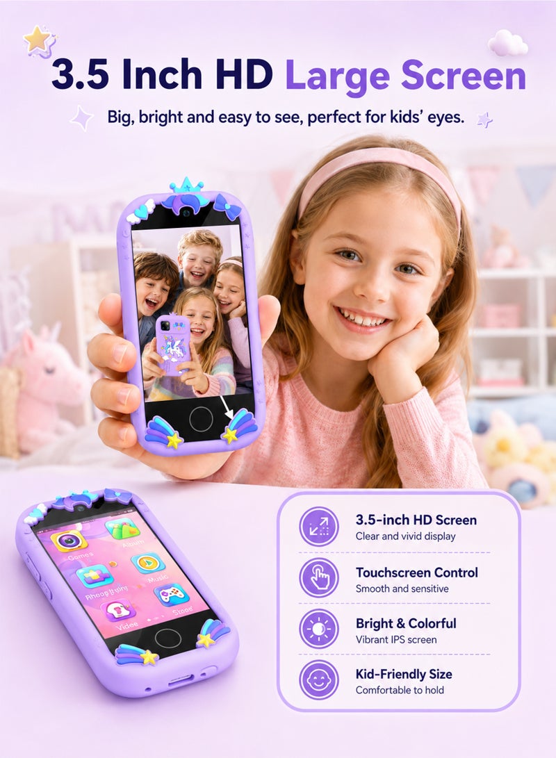 Kids Smart Phone for Girls Gifts, Toddler Birthday Gift for Age 3 4 5 6 Year Old, Kids Cell Phone Toy with 3.5” Touchscreen, Dual Cameras, Learning, Play Games, Video Player with 32GB Card - Image 4