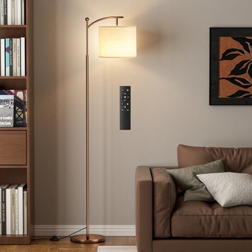 Ambimall 60" Floor Lamp with Remote Control and Stepless Dimmable Bulb, Colors Temperature & Brightness Adjustable, Modern Floor Lamps for Living Room, Deep Beige Shade & Brown Pole - Image 1