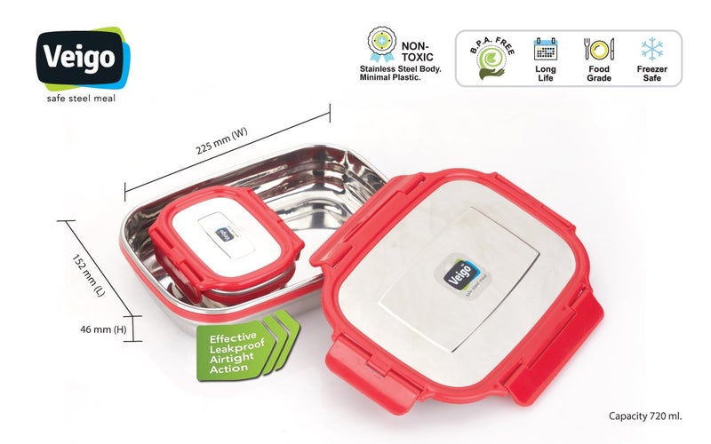 Veigo Steel Lunch Boxes for Office Men, Tiffin Box for Office Men, Lunch Box for Kids, Jumbo 950 ml, 180 ml Veg Box | Detachable Clips | Leakproof & Airtight | Durable Stainless Steel Lid | Red - Image 3