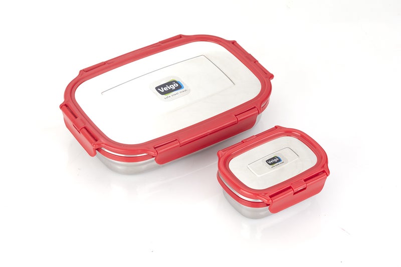 Veigo Steel Lunch Boxes for Office Men, Tiffin Box for Office Men, Lunch Box for Kids, Jumbo 950 ml, 180 ml Veg Box | Detachable Clips | Leakproof & Airtight | Durable Stainless Steel Lid | Red - Image 2