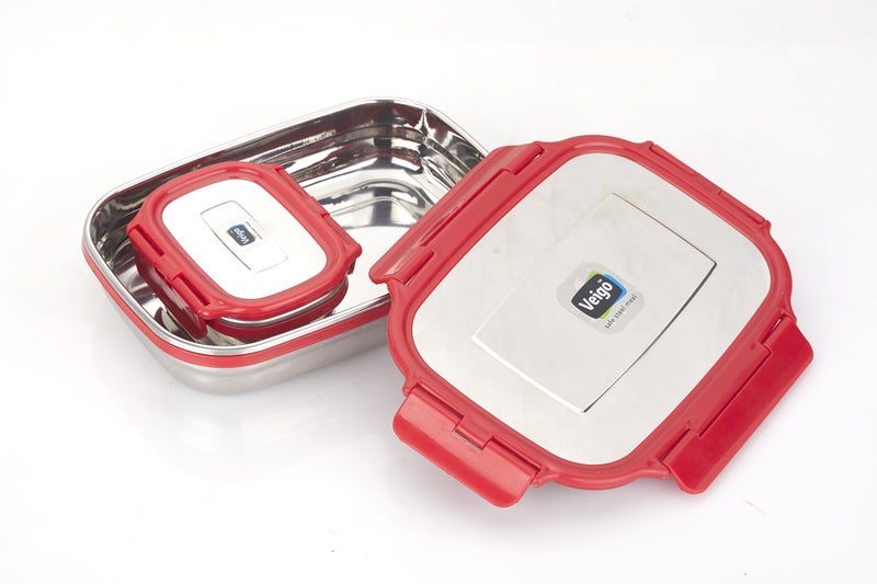 Veigo Steel Lunch Boxes for Office Men, Tiffin Box for Office Men, Lunch Box for Kids, Jumbo 950 ml, 180 ml Veg Box | Detachable Clips | Leakproof & Airtight | Durable Stainless Steel Lid | Red - Image 1