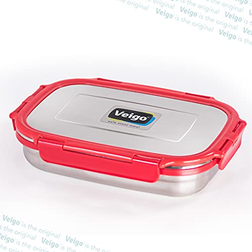 Veigo Steel Lunch Boxes for Office Men, Tiffin Box for Office Men, Lunch Box for Kids, Jumbo 950 ml, 180 ml Veg Box | Detachable Clips | Leakproof & Airtight | Durable Stainless Steel Lid | Red - Image 5