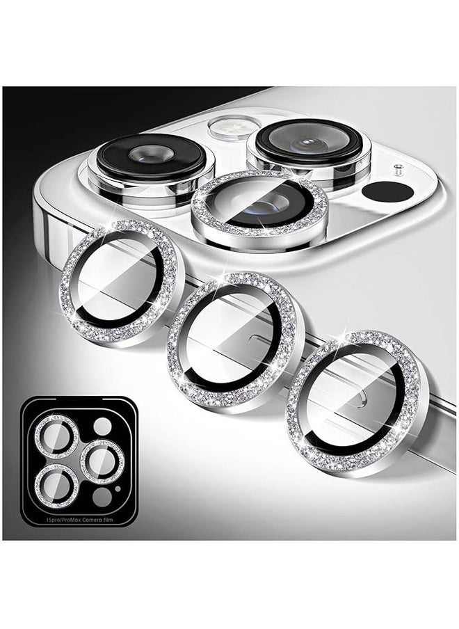 Raxoom Bling Diamond Camera Lens Protector for iPhone 16 Pro/Pro Max - Silver Tempered Glass with Automatic Alignment Rings - Image 1