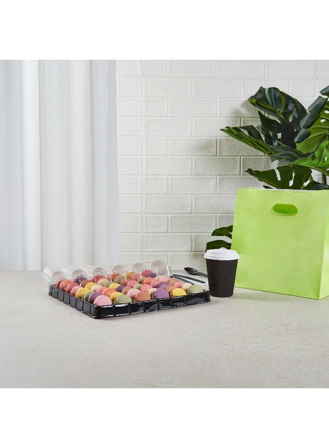 13.2 x 13.2 x 2 Inch Macaron Containers, 100 Shockproof Macaron Boxes - Fits 48 Macarons, With Clear Lids, Black Plastic Macaron Boxes, Use At Bakeries or Parties, For Gifting