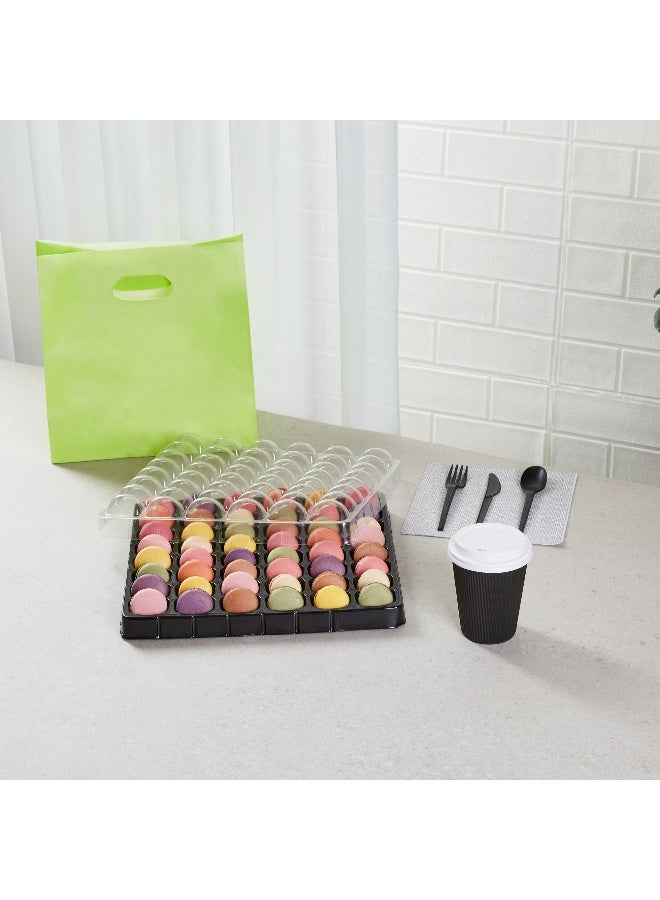 13.2 x 13.2 x 2 Inch Macaron Containers, 100 Shockproof Macaron Boxes - Fits 48 Macarons, With Clear Lids, Black Plastic Macaron Boxes, Use At Bakeries or Parties, For Gifting