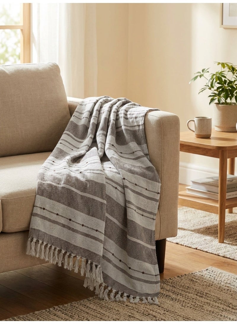 Ambrosia 130 x 160 cm Premium Cotton Throw Blanket in Mocha Brown Stripes, Soft 400GSM Boho Fringed Tassel Cover for Sofa Couch Bed Room Decor and Travel - Image 3