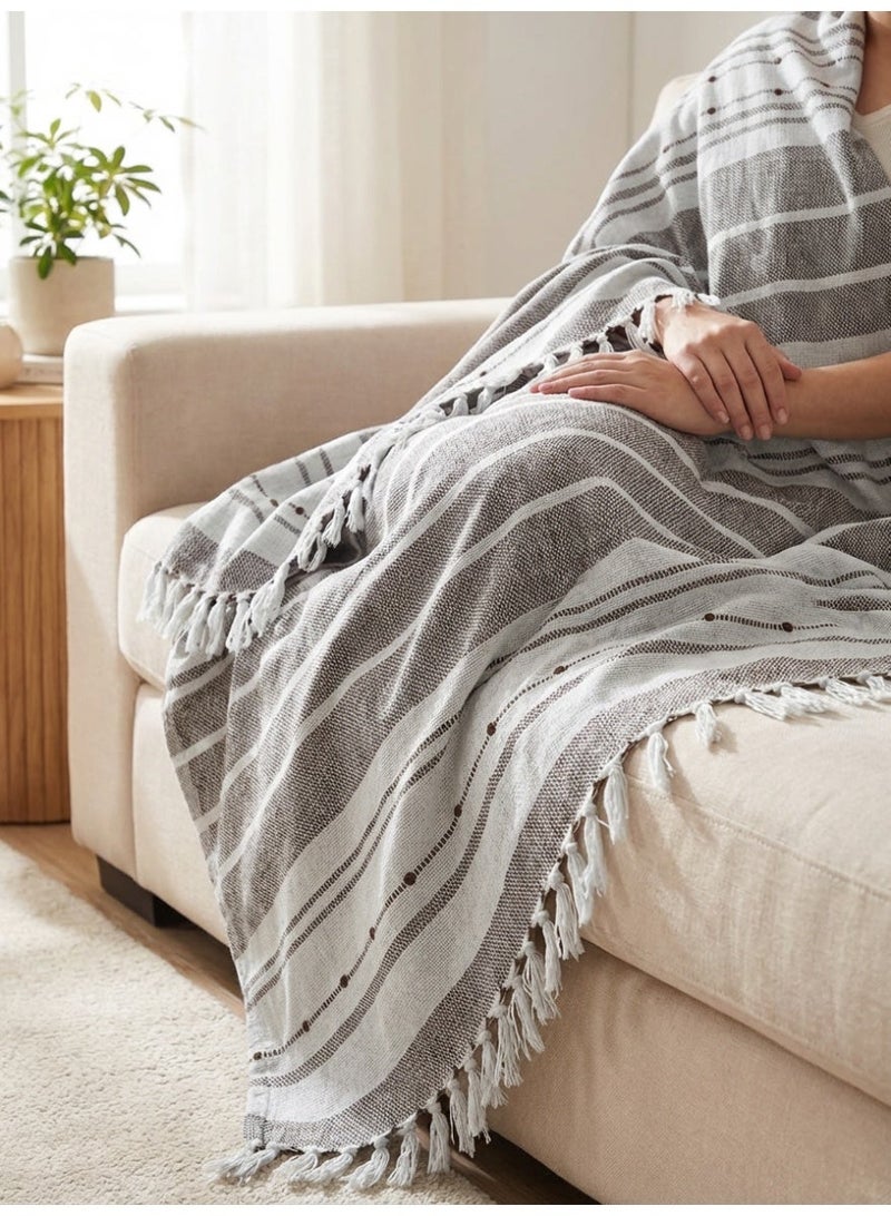 Ambrosia 130 x 160 cm Premium Cotton Throw Blanket in Mocha Brown Stripes, Soft 400GSM Boho Fringed Tassel Cover for Sofa Couch Bed Room Decor and Travel - Image 4