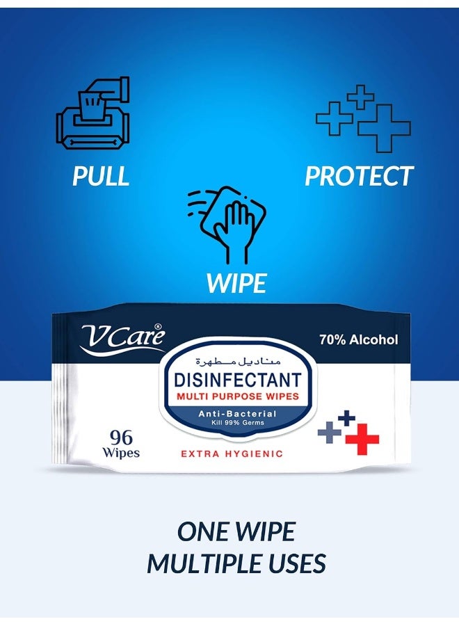 VCare مناديل مطهرة متعددة الأغراض مضادة للبكتيريا - 96 قطعة | تقتل 99.9% من الجراثيم | تنظف وتحمي الأسطح | (عبوة من 6) - Image 4