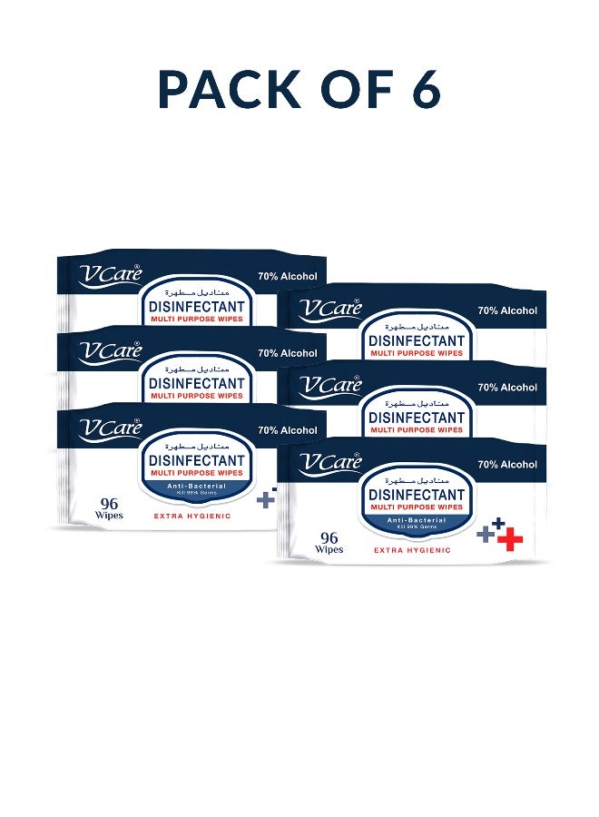 VCare مناديل مطهرة متعددة الأغراض مضادة للبكتيريا - 96 قطعة | تقتل 99.9% من الجراثيم | تنظف وتحمي الأسطح | (عبوة من 6) - Image 1