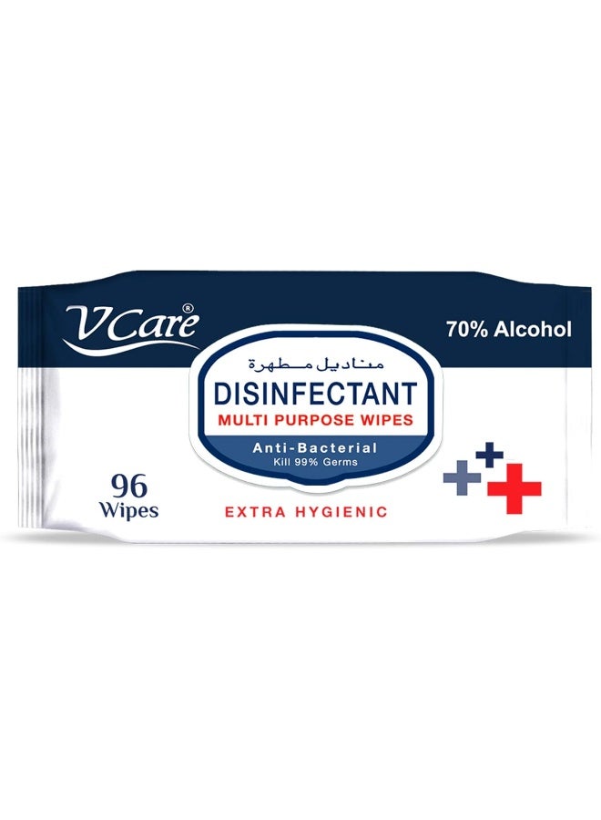 VCare مناديل مطهرة متعددة الأغراض مضادة للبكتيريا - 96 قطعة | تقتل 99.9% من الجراثيم | تنظف وتحمي الأسطح | (عبوة من 6) - Image 2