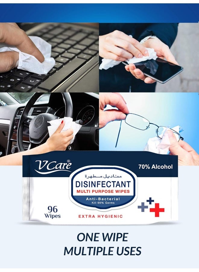 VCare مناديل مطهرة متعددة الأغراض مضادة للبكتيريا - 96 قطعة | تقتل 99.9% من الجراثيم | تنظف وتحمي الأسطح | (عبوة من 6) - Image 3
