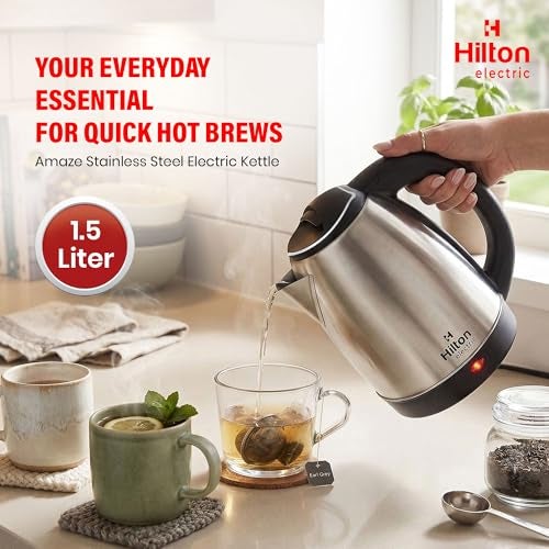 Hilton Electric Amaze Electric Kettle with Stainless Steel Body, used for boiling Water, making tea and coffee, instant noodles, soup etc. 1400 Watt (Silver) (1.5 Litre) - Image 2