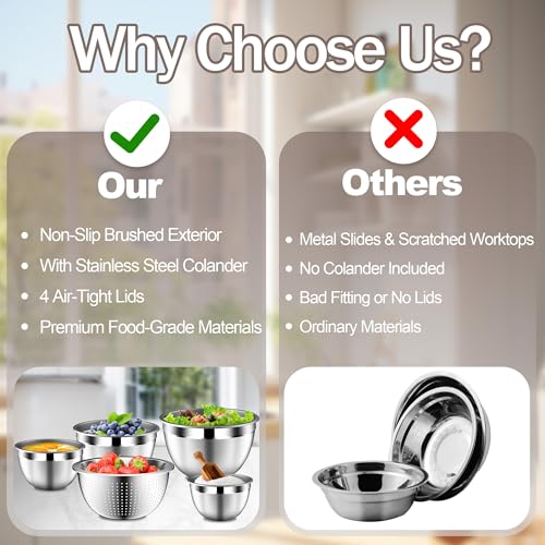 DUTZUN Stainles Steel Mixing Bowls with Lids Set, Stackable Metal Mixing Bowl with Strainer, 5-Piece - Beige - Image 3