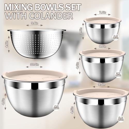DUTZUN Stainles Steel Mixing Bowls with Lids Set, Stackable Metal Mixing Bowl with Strainer, 5-Piece - Beige - Image 2