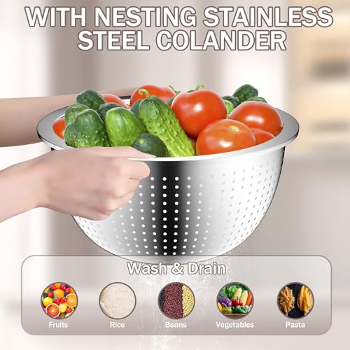 DUTZUN Stainles Steel Mixing Bowls with Lids Set, Stackable Metal Mixing Bowl with Strainer, 5-Piece - Beige - Image 4