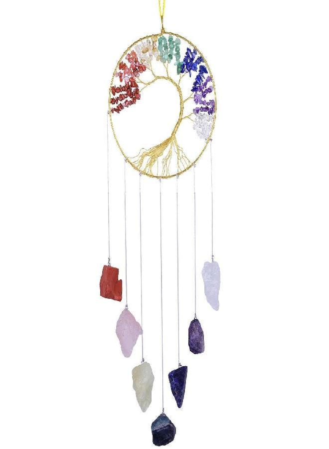SUNYIK Tree of Life Raw Stone Wind Chimes Outdoor Indoor, Handmade 7 Chakra Stone Healing Crystal Wall Hanging Ornament Decoration for Home Office, 7 Chakra - Image 3