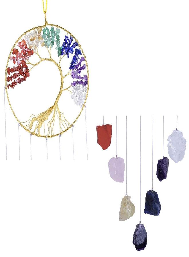 SUNYIK Tree of Life Raw Stone Wind Chimes Outdoor Indoor, Handmade 7 Chakra Stone Healing Crystal Wall Hanging Ornament Decoration for Home Office, 7 Chakra - Image 1