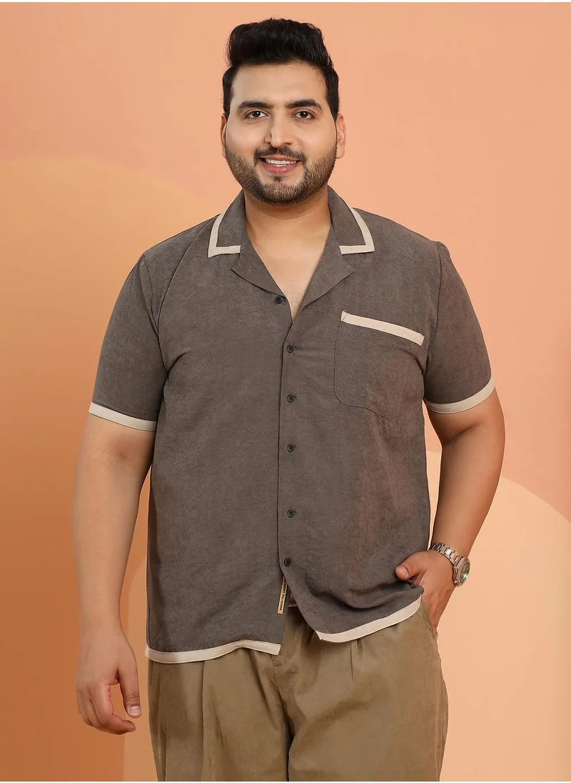 انستافاب بلس Instafab Plus Men's Coffee Brown Contrast-Cuban Shirt For Casual Wear | Cuban Collar | Short Regular Sleeves | Button Closure | Plus Size Shirt Crafted With Comfort Fit For Everyday Wear