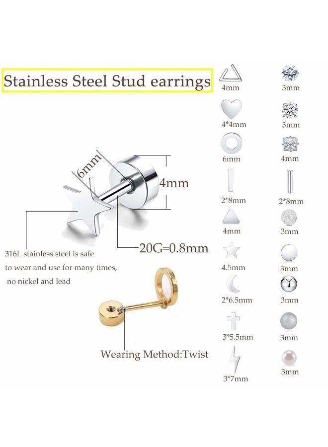 Staligue MJ 18 Pairs Tiny Cartilage Stud Earrings Set for Women Men Star Triangle Moon Heart Disc Ball CZ Small Screwback Flat Back Ear Stud Stainless Steel Geometric Barbell Flatback Earrings Piercing Set - Image 3