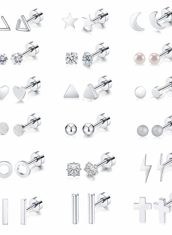 Staligue MJ 18 Pairs Tiny Cartilage Stud Earrings Set for Women Men Star Triangle Moon Heart Disc Ball CZ Small Screwback Flat Back Ear Stud Stainless Steel Geometric Barbell Flatback Earrings Piercing Set - Image 1