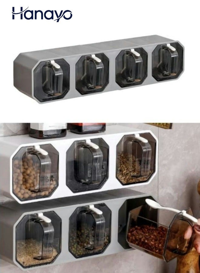 Hanayo Spice Jar Spice Box 4-grid Spice Box With Spoon  Wall Mounted Spice Jar Kitchen Spice Jar - Image 1