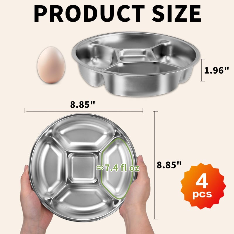 YEJZXY Stainless Steel Divided Dinner Plate 8.5'' Reusable Portion Control Plate - Metal Separated Plates Lunch Dinner Tray Set - Round Serving Platter, BPA-Free for Meal Prep, Work, Family (4-Piece) - Image 3