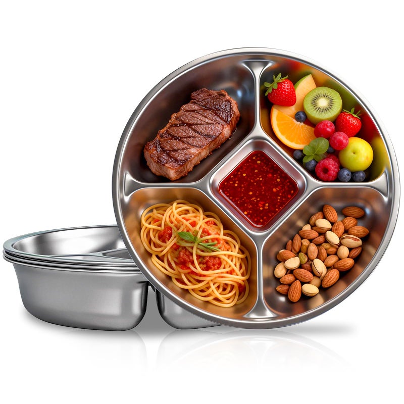 YEJZXY Stainless Steel Divided Dinner Plate 8.5'' Reusable Portion Control Plate - Metal Separated Plates Lunch Dinner Tray Set - Round Serving Platter, BPA-Free for Meal Prep, Work, Family (4-Piece) - Image 1