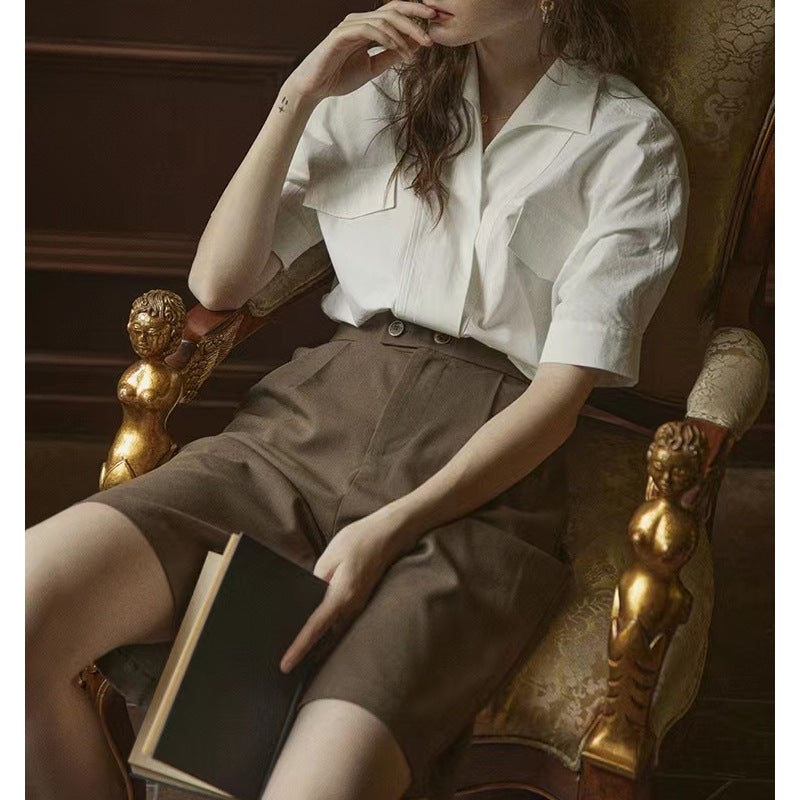 French Retro High-End Simple White Shirt Women'S Summer Design Niche Elegant Elegant Shirt Thin Top - Image 1