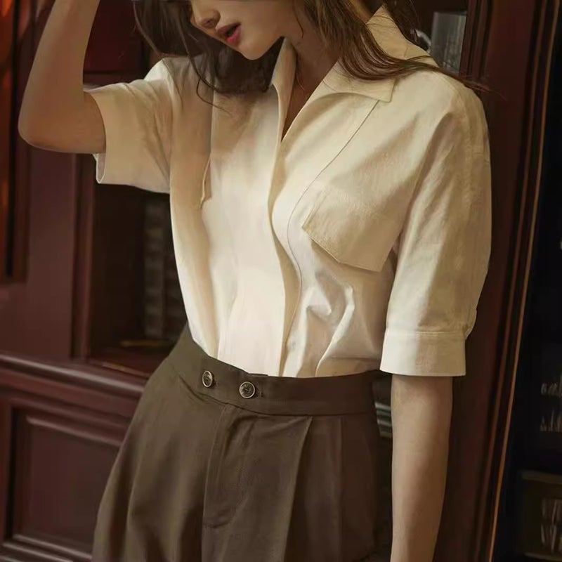 French Retro High-End Simple White Shirt Women'S Summer Design Niche Elegant Elegant Shirt Thin Top - Image 4