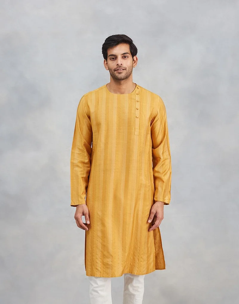 فاب انديا Mustard Viscose Blend Dobby Slim Fit Long Kurta