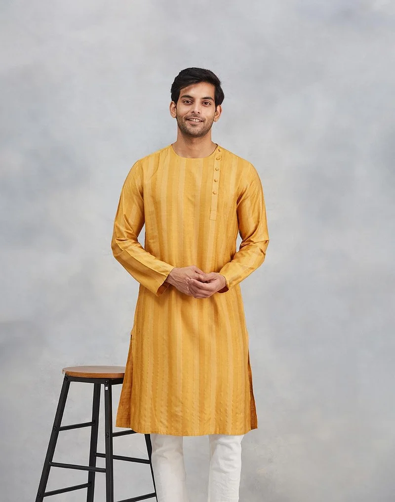 Fabindia Mustard Viscose Blend Dobby Slim Fit Long Kurta